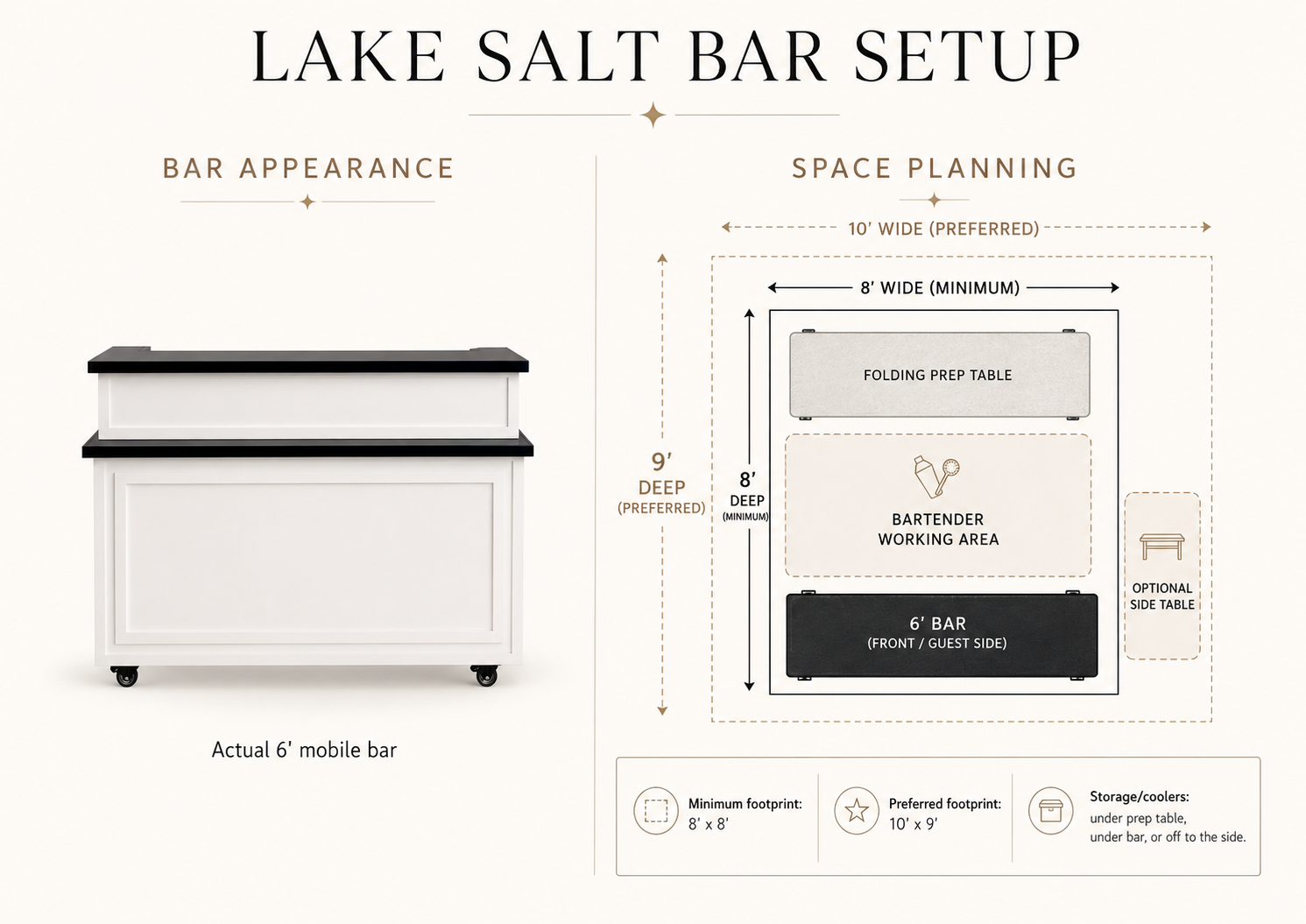 Lake Salt mobile bar setup diagram — 6 foot bar, minimum 8 by 8 foot footprint, preferred 10 by 9 feet