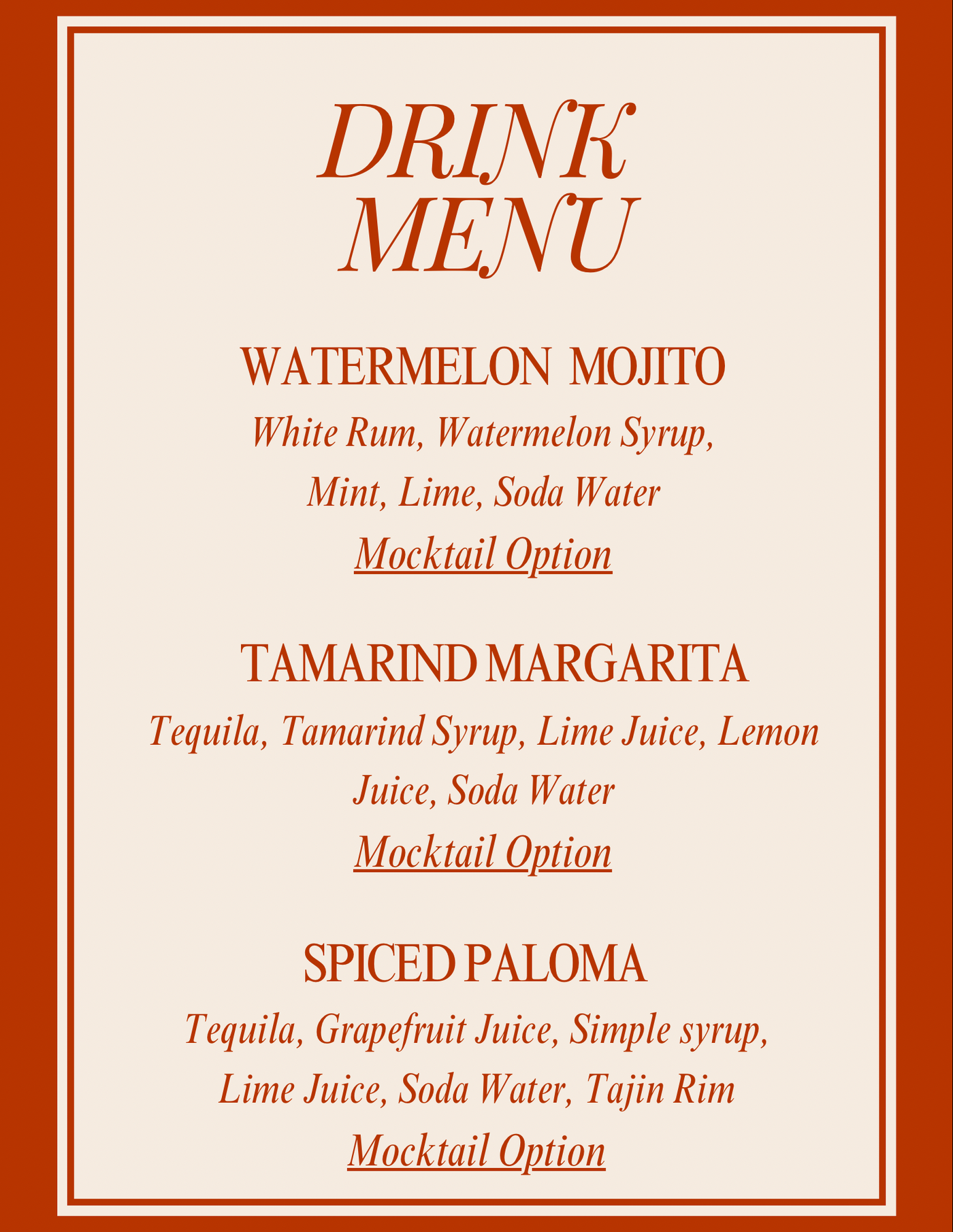 Lake Salt event drink menu — Watermelon Mojito, Tamarind Margarita, Spiced Paloma