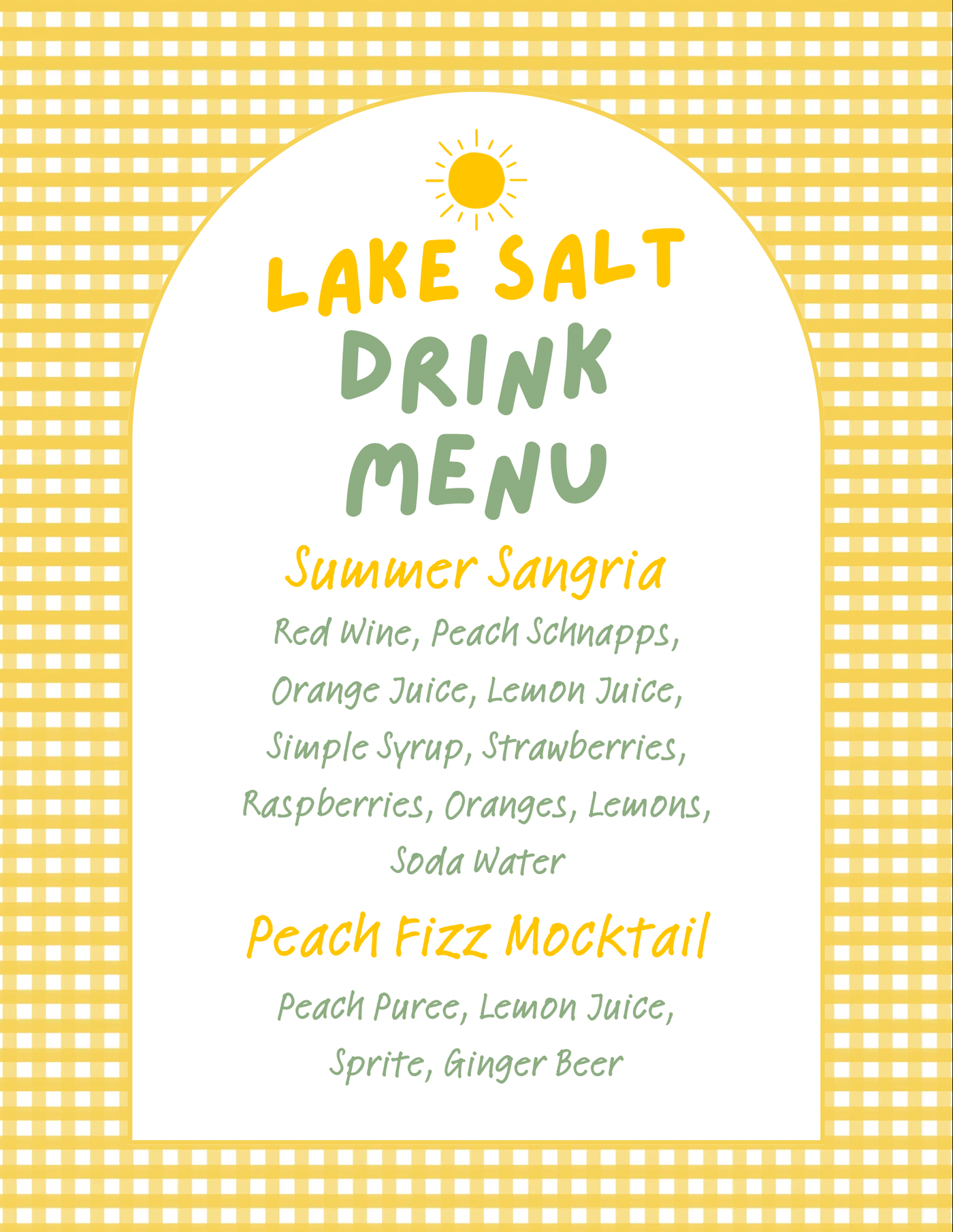 Lake Salt summer drink menu — Summer Sangria, Peach Fizz Mocktail
